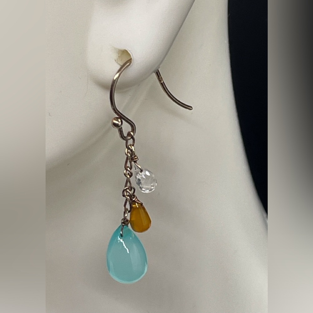 Aqua blue chalcedony and carnelian gemstones on a 14K gold hook earring